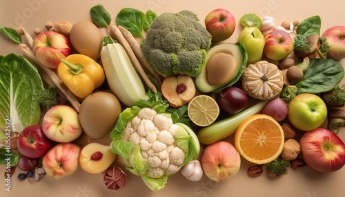 pattern of variety fresh of organic fruits and vegetables and healthy vegan meal ingredients on beige background healthy food clean eating diet and detox eco friendly generate ai