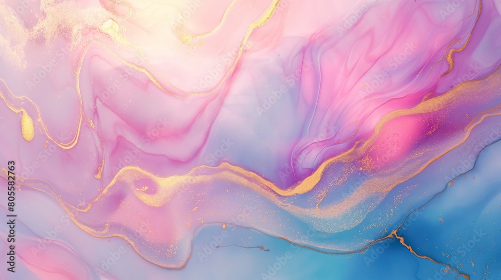 This fluid art piece showcases a beautiful combination of pink and blue hues with striking golden highlights