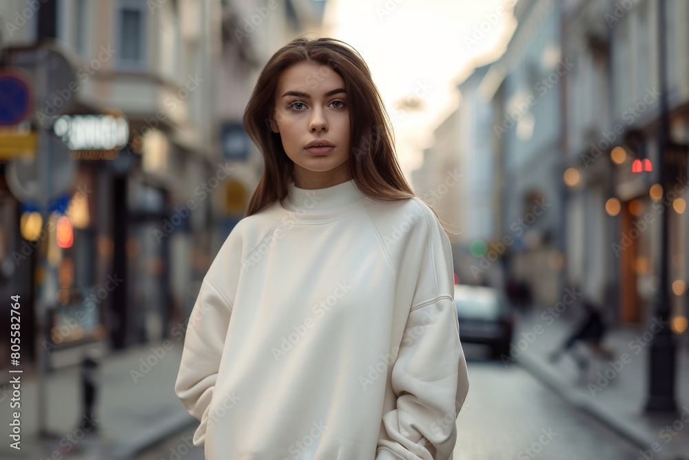 Mockup. Young woman wearing blank white crewneck sweatshirt. Young girl posing against blurred European city street in sunny day. Mock up template for sweatshirt design, print area for logo or design