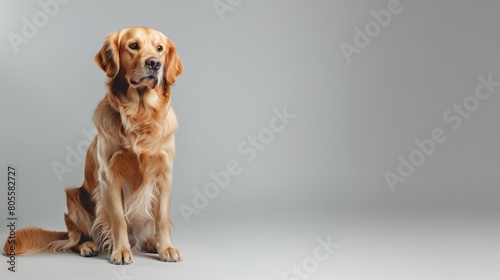 Elegant Golden Retriever Dog Sitting on Plain Background, Copy Space for Text on the Left © Ghulam