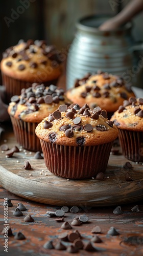 Chocolate Chip Muffins on Rustic Table. Freshly baked chocolate chip muffins sprinkled with sugar, displayed on a rustic wooden table, embodying cozy homemade goodness.