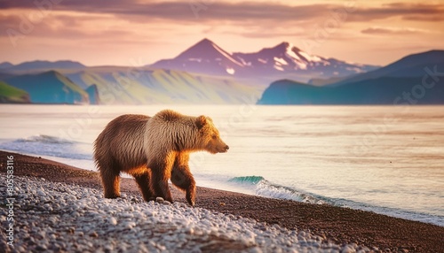 view of a grizzly bear along the coast kamchatka peninsula russia photo
