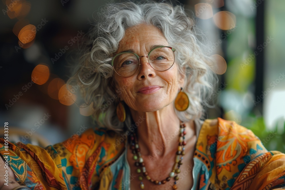 A portrait capturing an elegant senior woman's smiling face with intricate eyeglasses and curly grey hair against a bokeh background A portrait capturing an elegant senior woman's smiling face with intricate eyeglasses and curly grey hair against a bokeh background