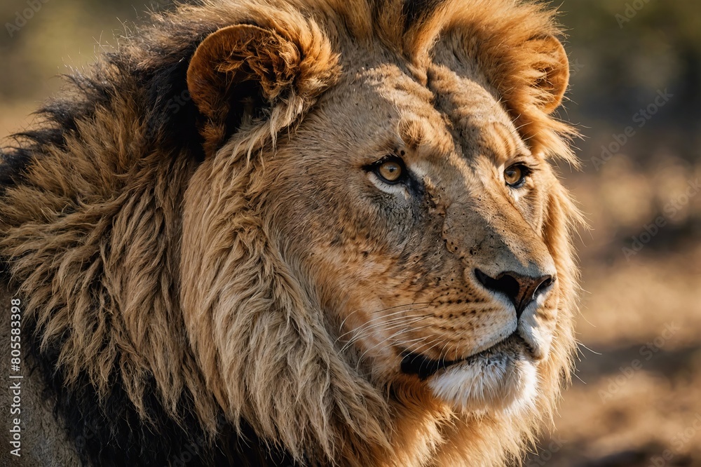 top close and full framed view of African Lion head , detailed and sharp textures, large depth of field