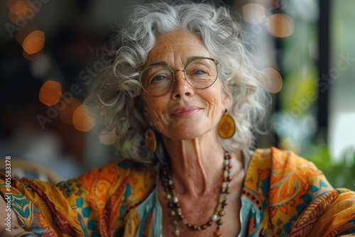 A portrait capturing an elegant senior woman's smiling face with intricate eyeglasses and curly grey hair against a bokeh background