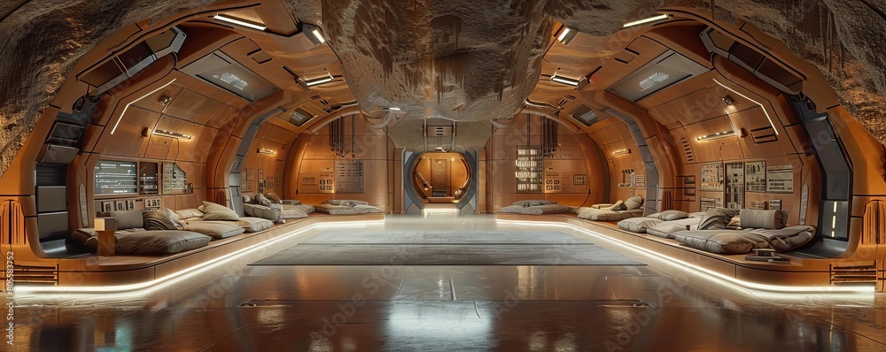 Illustrate a panoramic scene of a futuristic underground bunker Stock ...