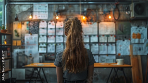 Woman With Long Hair Standing in Front of Desk