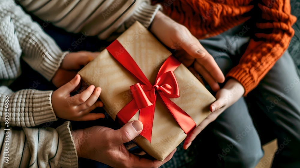 Close-up of Hands Exchanging a Wrapped Gift with Red Ribbon, Concept of Giving, Warm Holiday Season Atmosphere. Casual Style, Intimate Moment. AI