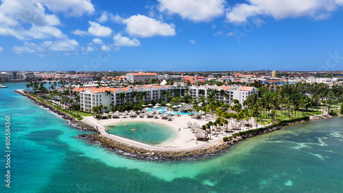 Aruba Skyline At Oranjestad In Caribbean Netherlands Aruba. Caribbean City. Downtown Skyline. Oranjestad At Caribbean Netherlands Aruba. Cityscape Landmark. Renaissance Buildings.