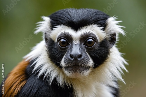 top close and full framed view of Pied Tamarin head , detailed and sharp textures, large depth of field © ThomasLENNE