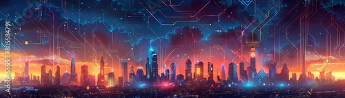 Illustrate a digital metropolis panorama  showcasing intricate circuits intertwining with pixelated clouds  robotic citizens  and a luminous data stream skyline