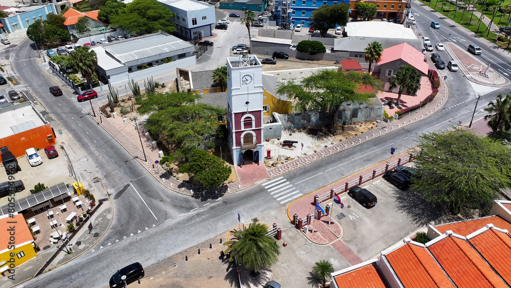 Fort Zoutman At Oranjestad In Caribbean Netherlands Aruba. Caribbean City. Downtown Skyline. Oranjestad At Caribbean Netherlands Aruba. Cityscape Landmark. Colored Buildings.