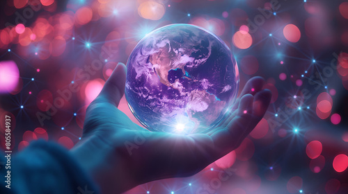 a hand holding a luminance futuristic globe ball. photo