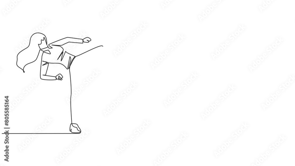Self drawing animation of continuous one line drawing businesswoman doing taekwondo movements. Kicking motion. Strong legs. Keeping business with sport. Keep healthy stay strong. Full length animated