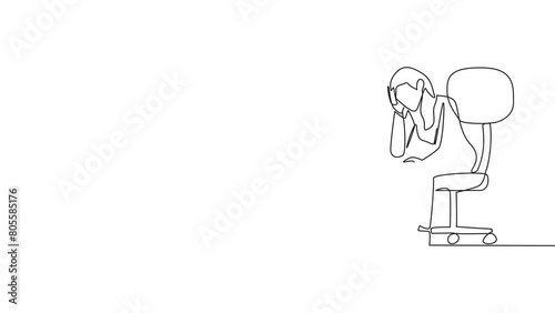 Animated self drawing of single continuous line drawing sad businesswoman sit limply in a chair. Pensively holding a piece of bill paper. Business will collapse. Full length single line animation photo