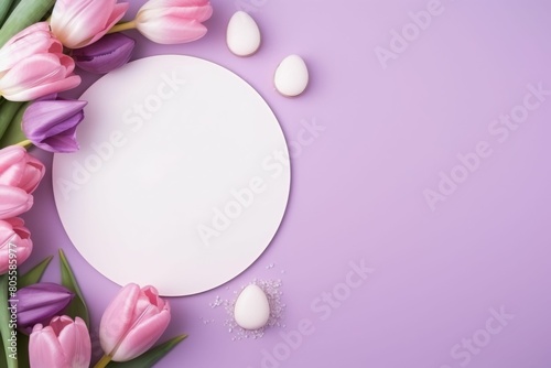 White Circle Surrounded by Pink and Purple Tulips