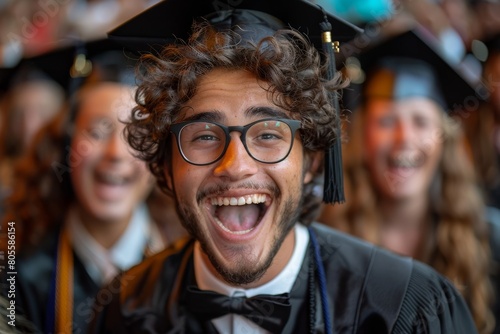 Exuberant graduate in cap and gown celebrates among peers with joyous expression