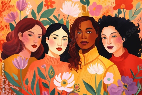 Three Women Surrounded by Flowers Painting