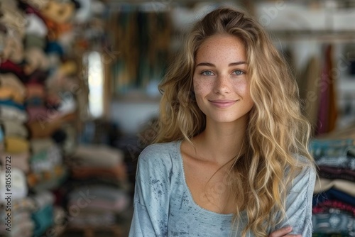 Cheerful young woman with curly blonde hair standing in front of various textiles in a shop, exuding positivity