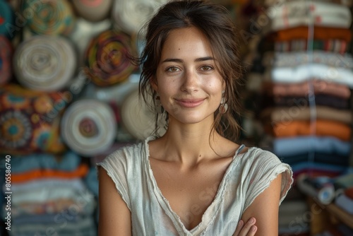 A demure young woman poses against a backdrop of colorful fabric rolls, radiating calmness and simplicity photo