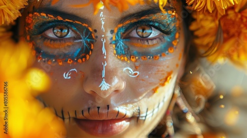 Woman With Painted Face and Flowers in Hair