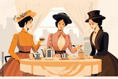 Three Women Drinking Tea at Table