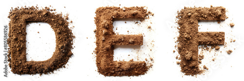 Letters D, E, F. Alphabet Made of Soil and Dust. photo