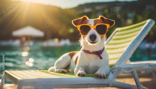 jack russell terrier dog with sunglasses sunbathing on sun lounger summer and vacation concepts generative ai