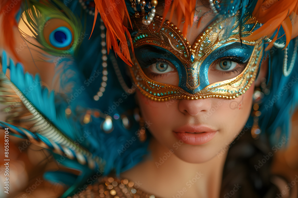 A lively portrayal of a young woman donning a feathered mask against a bright backdrop perfectly embodies the festive concept of Mardi Gras celebrations.