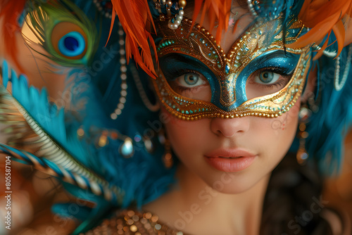 A lively portrayal of a young woman donning a feathered mask against a bright backdrop perfectly embodies the festive concept of Mardi Gras celebrations. © A2Z AI 