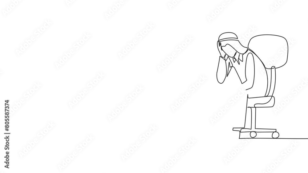 Animation of continuous line drawing sad Arab businessman sat limply in the chair. Pensively holding a piece of bill paper. The large of receivables, business will collapse. Full length motion Animation of continuous line drawing sad Arab businessman sat limply in the chair. Pensively holding a piece of bill paper. The large of receivables, business will collapse. Full length motion
