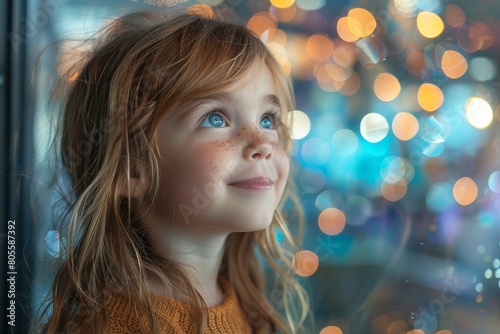 A contemplative portrait of a child lost in thought, her face lit by the ambient bokeh lights around her