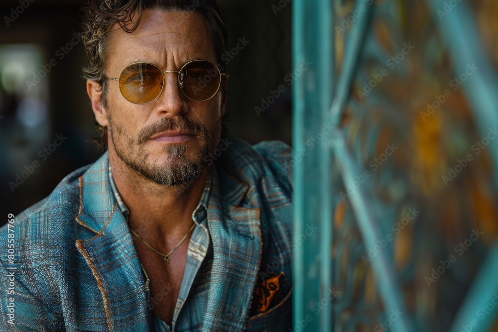 Fototapeta premium A dapper man wearing sunglasses and a sharp outfit exudes confidence while peeking out from an ornate patterned area