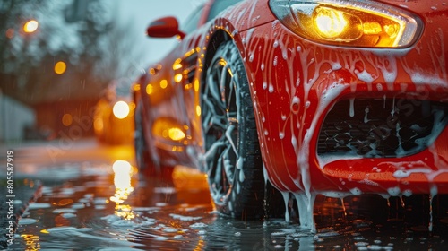 Red Car Driving Down Wet Street