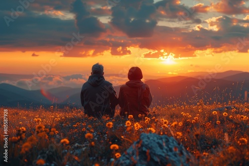 A heartwarming scene of a couple sitting closely together, enjoying an awe-inspiring sunset in a field of flowers