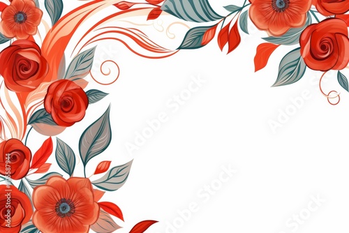 Red Flower Border With Leaves and Flowers