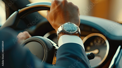 A man in a suit with a watch on his hand is driving an expensive car. View from the car.