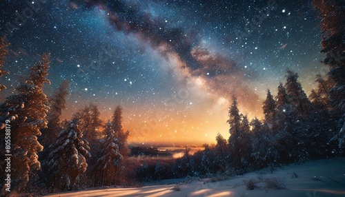 beautiful sunrise over snowy forest with an epic milky way on the sky