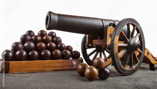 ancient cannon on wheels with cannonballs isolated on white background with clipping path photo