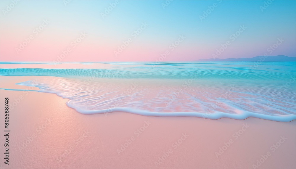 Soft pastel sunrise over a serene beach, gentle waves lapping at the shore, a clear gradient 