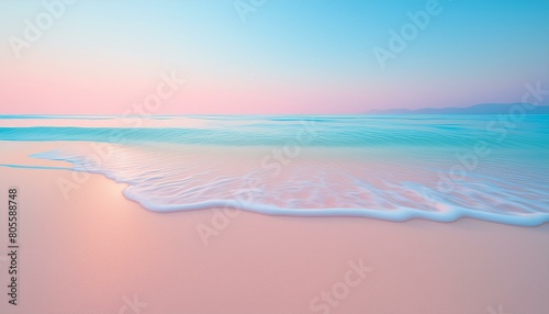 Soft pastel sunrise over a serene beach, gentle waves lapping at the shore, a clear gradient 