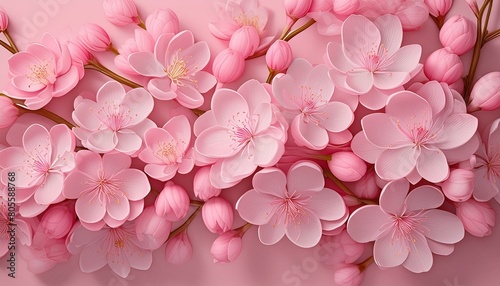 Vibrant pink cherry blossoms in full bloom  clustered tightly together with a light pink 