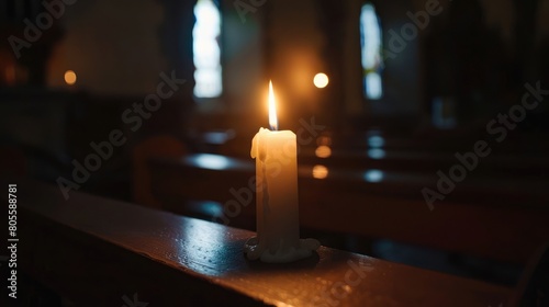 A close-up shot of a single flickering candle flame in a darkened church, symbolizing faith and hope photo