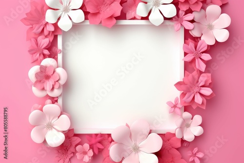 White Frame With Pink Flowers on Pink Background
