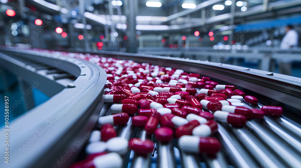 Obraz premium Industrial pharmaceuticals with colourful capsules on conveyor belt