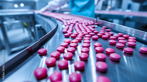 Industrial pharmaceuticals with colourful capsules on conveyor belt