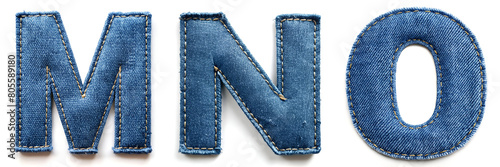 Letters M, N, O. Realistic Sewn Denim Fabric Alphabet..