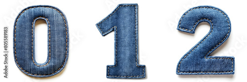 Numbers 0, 1, 2.  Realistic Sewn Denim Fabric Alphabet..