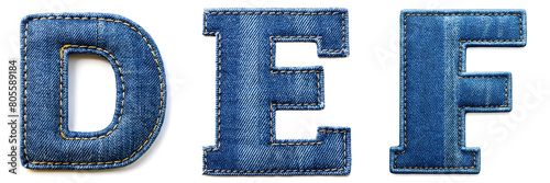 Letters D, E, F. Realistic Sewn Denim Fabric Alphabet..