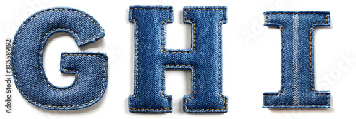 Letters G, H, I. Realistic Sewn Denim Fabric Alphabet..